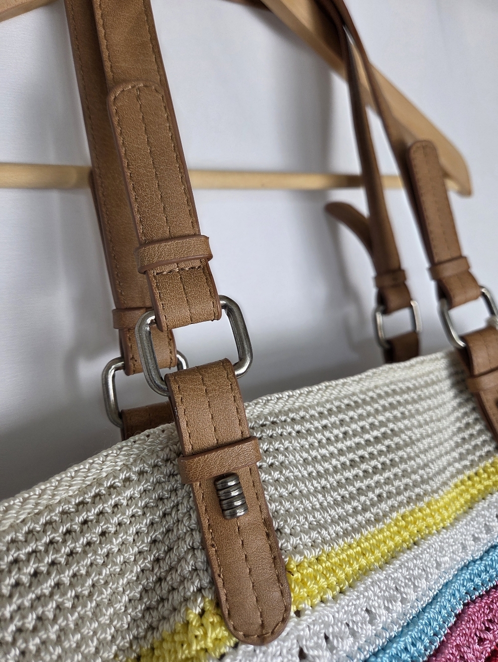 The Sak Rainbow Stripe Crochet Shoulder Bag Multicolor Tote Purse Zipper Close - Picture 5 of 13